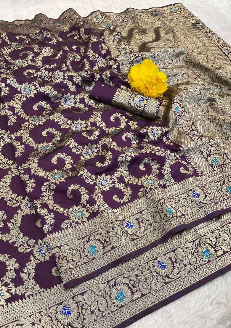 Wine Silk Blend Saree Set with Embroidery for Diwali | Wedding & Festive Wear - Indya