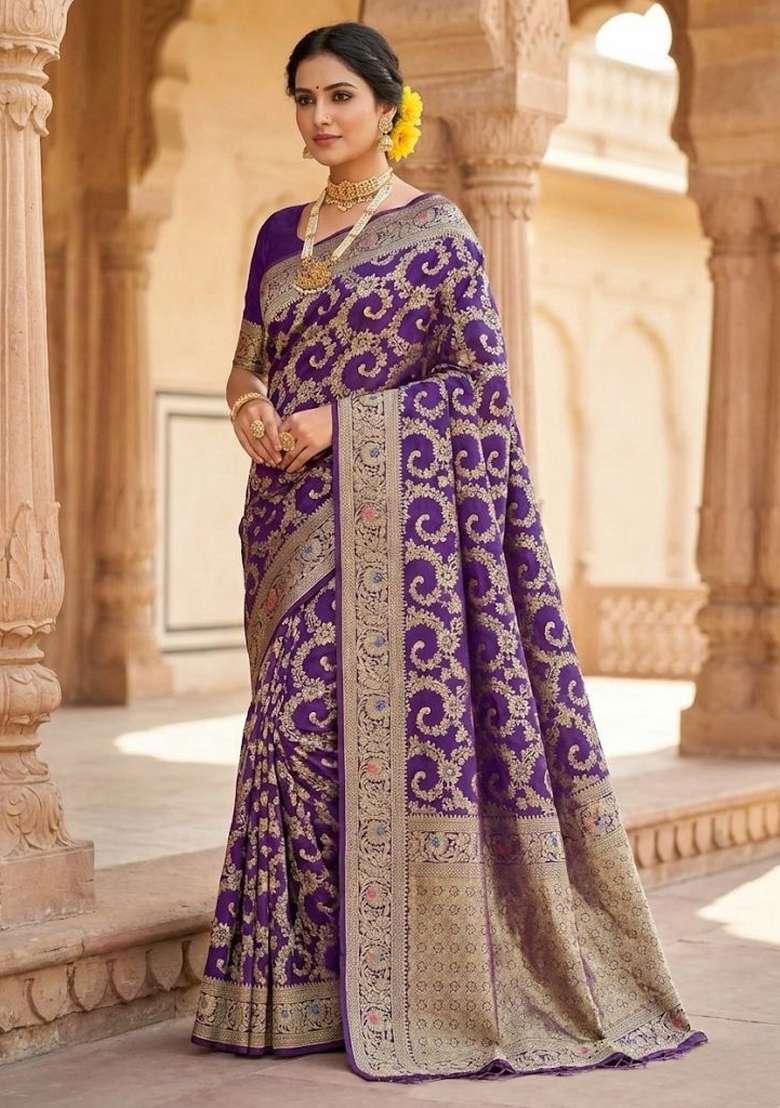 Purple Embroidery Silk Blend Saree Set for Diwali and Festive Wear - Indya