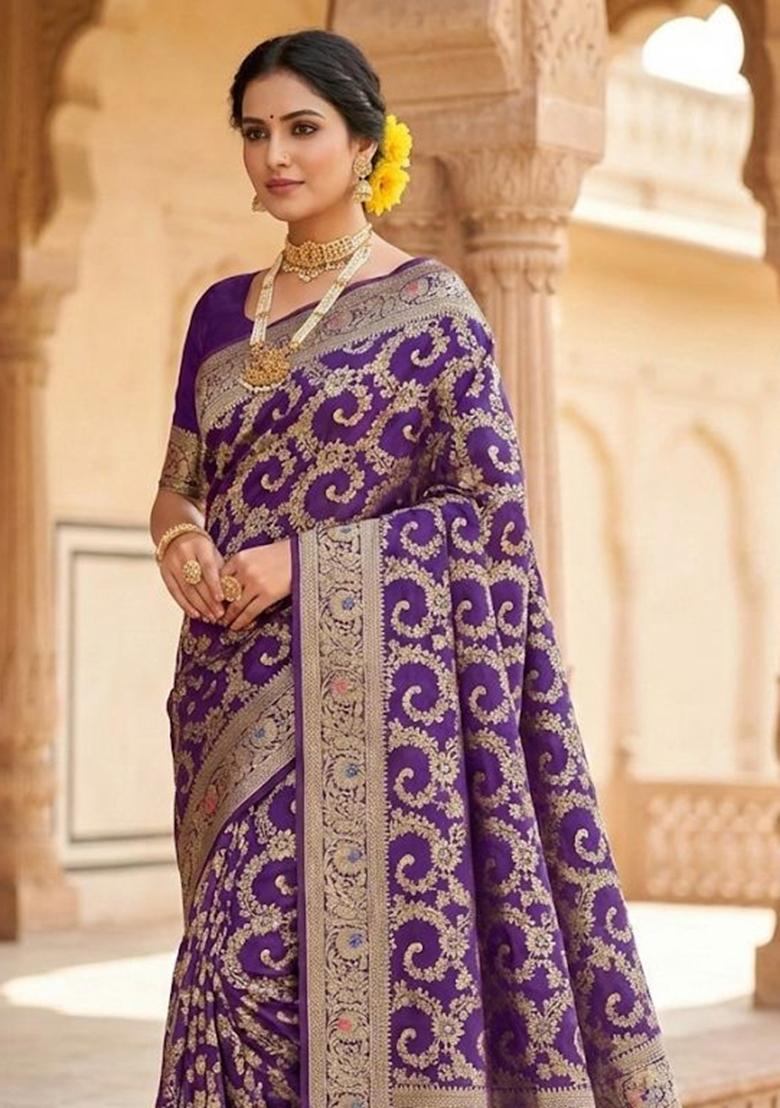 Purple Embroidery Silk Saree Set - Indya