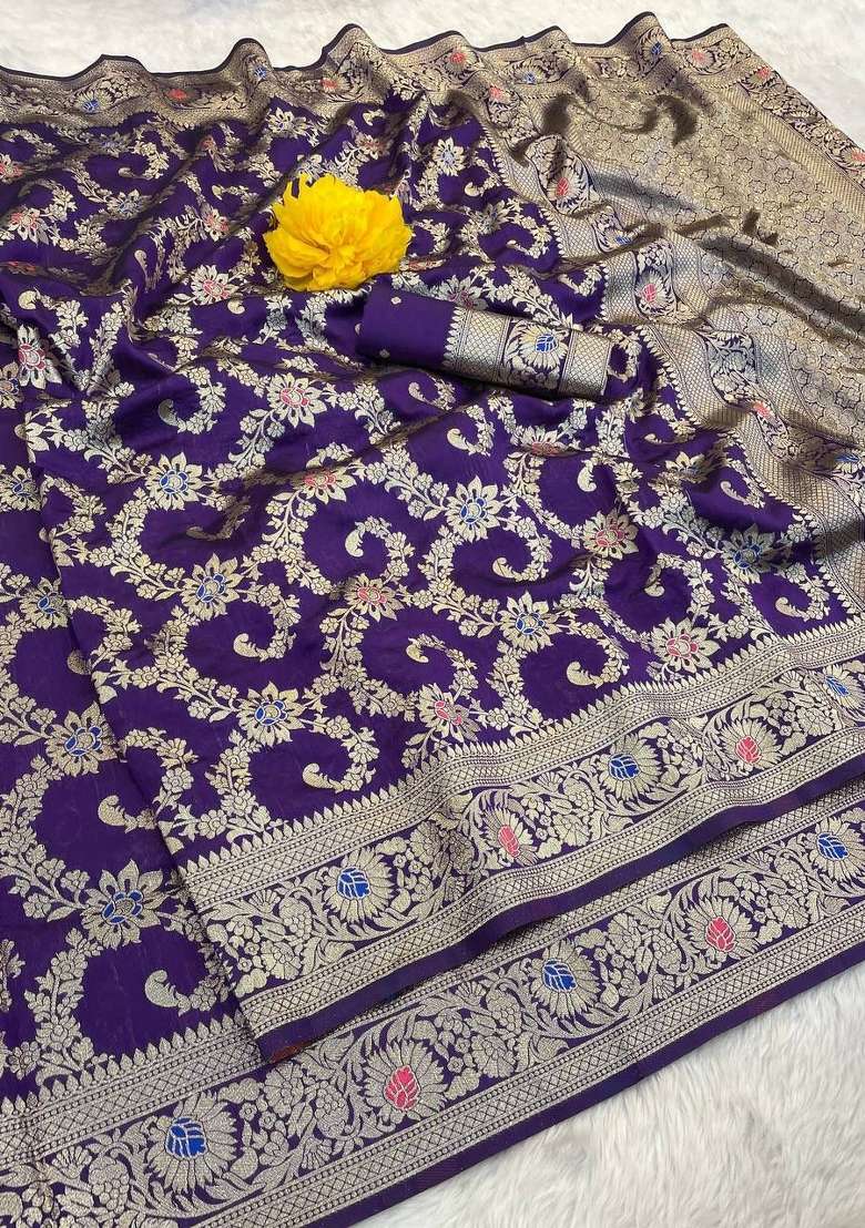 Purple Embroidery Silk Blend Saree Set for Diwali and Festive Wear - Indya