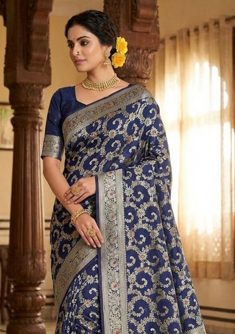Navy Blue Embroidery Silk Saree Set - Indya