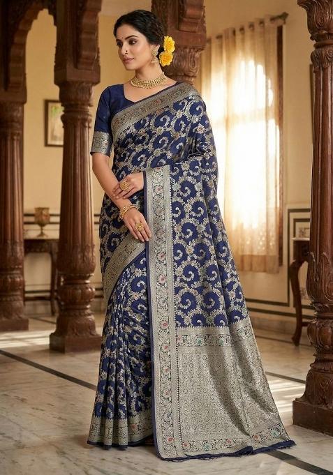 Navy Blue Embroidery Silk Saree Set