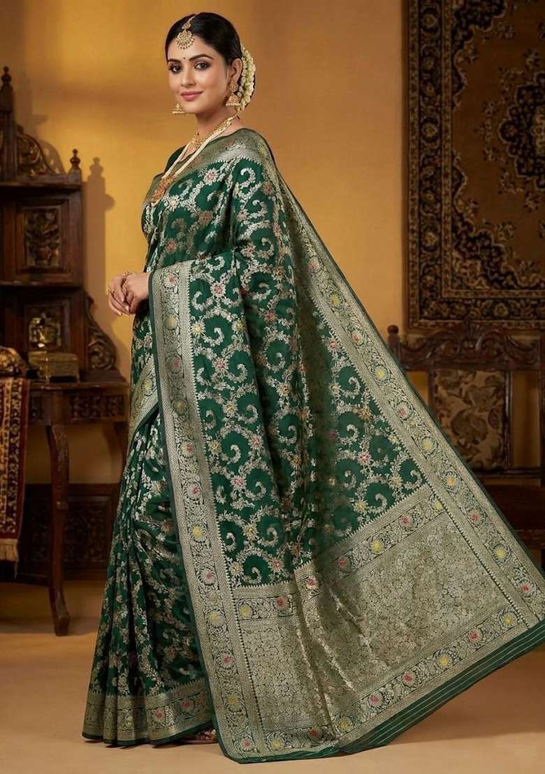 Green Embroidery Silk Blend Saree Set for Diwali and Festive Wear - Indya