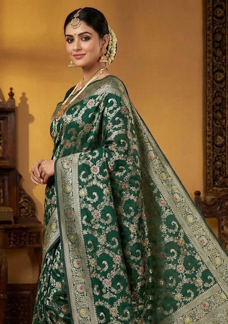 Green Embroidery Silk Saree Set - Indya