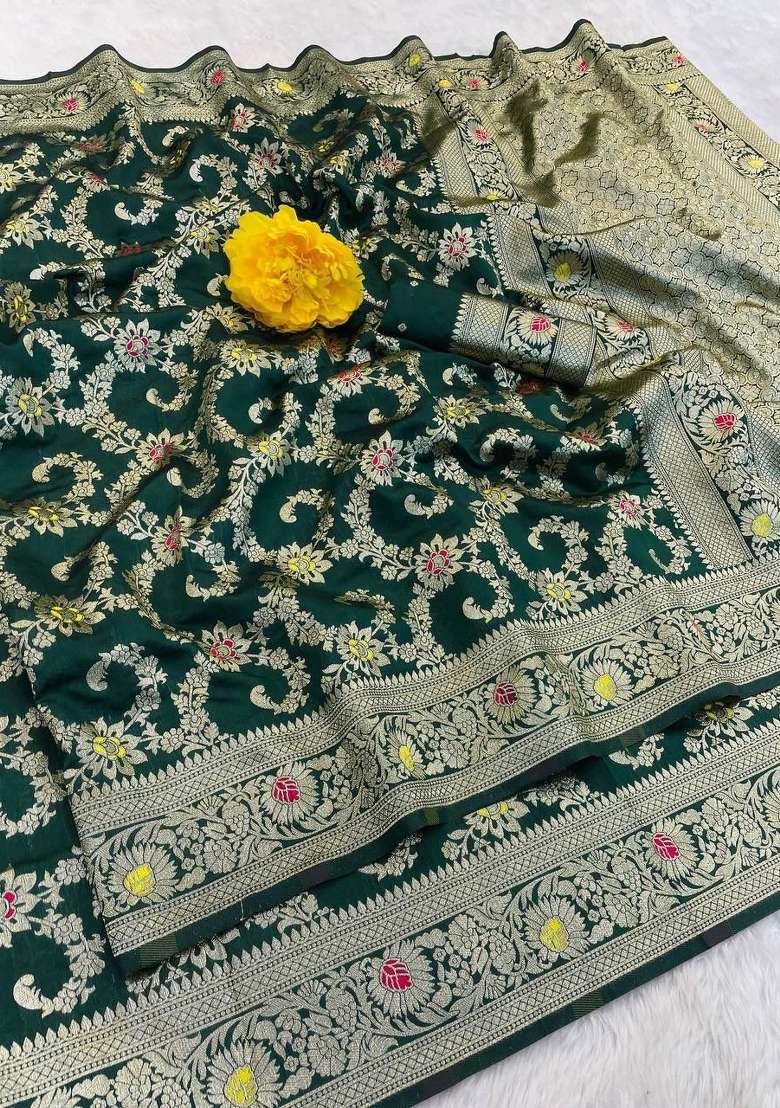 Green Embroidery Silk Blend Saree Set for Diwali and Festive Wear - Indya