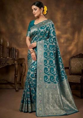 Teal Blue Embroidery Silk Saree Set