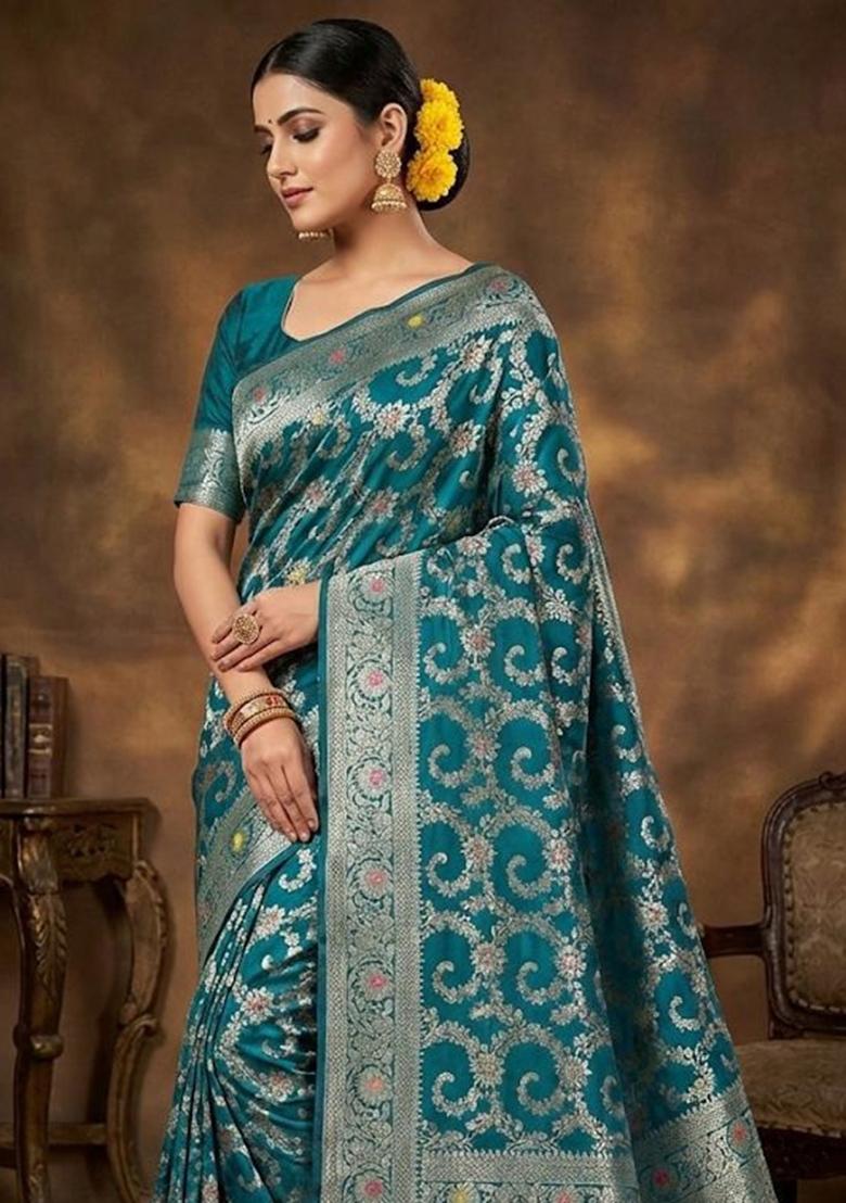 Teal Blue Embroidery Silk Saree Set - Indya