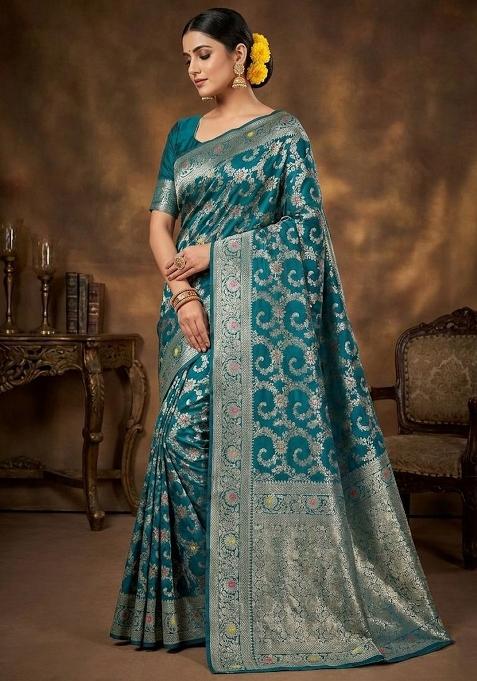 Teal Blue Embroidery Silk Saree Set