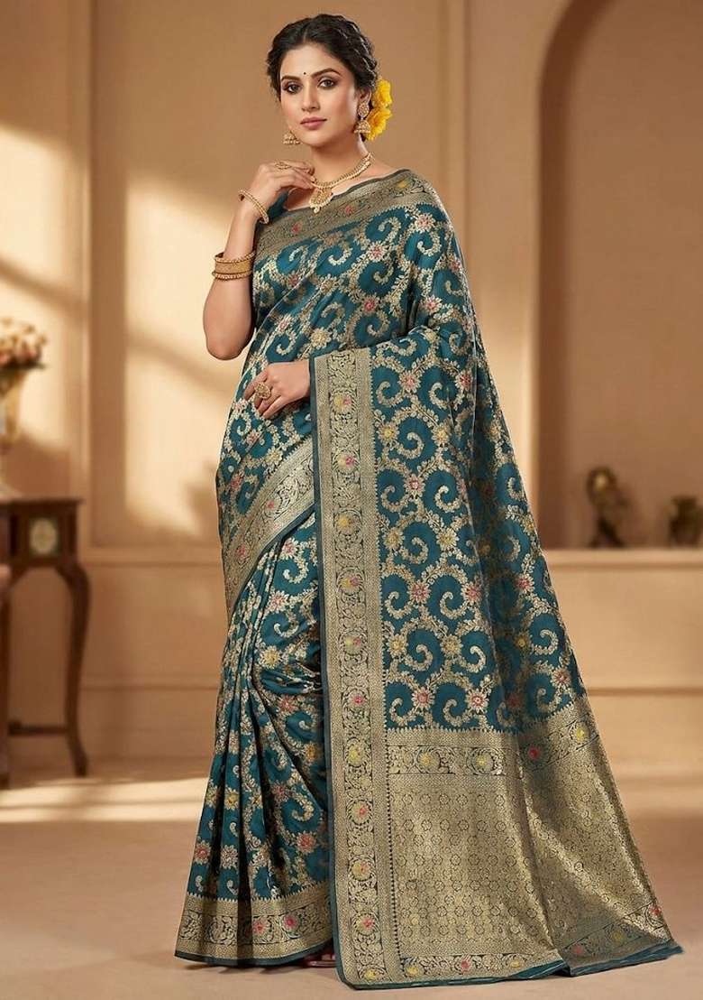 Teal Green Silk Blend Saree Set with Embroidery for Diwali | Wedding & Festive Wear - Indya