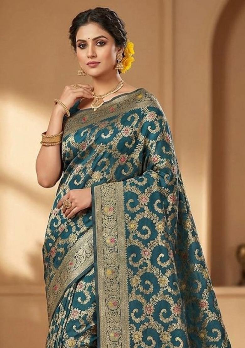 Teal Green Embroidery Silk Saree Set - Indya