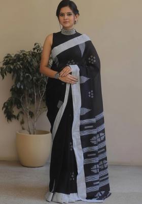 Black Embroidery Linen Saree Set
