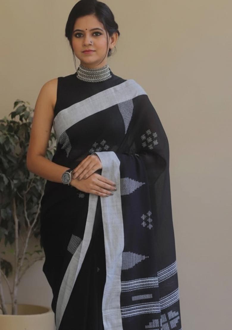 Black Embroidery Linen Saree Set - Indya