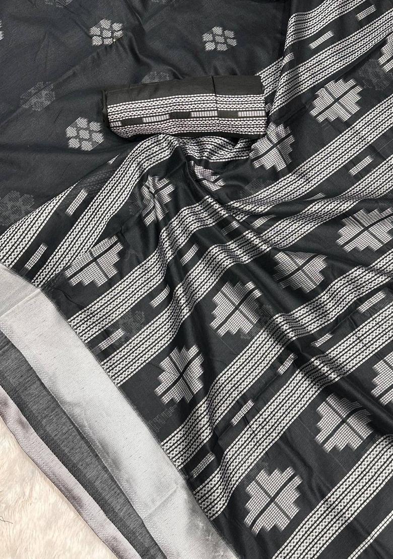 Black Embroidery Linen Saree Set - Indya