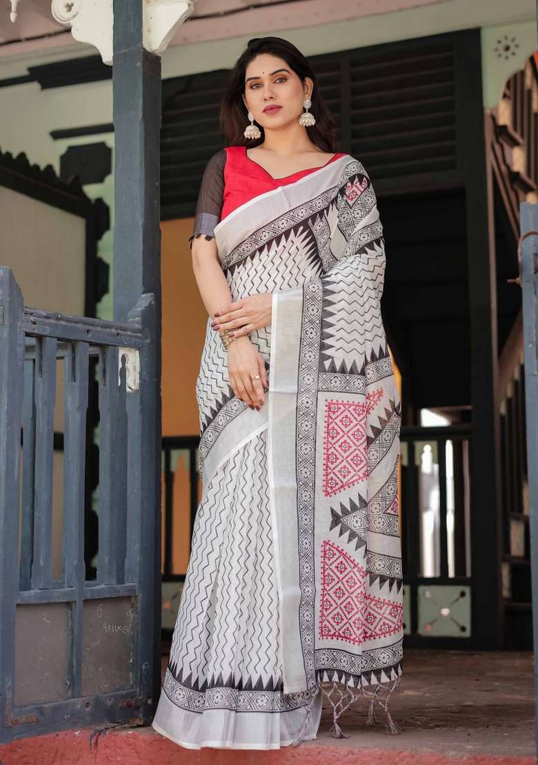 White Linen Saree Set with Embroidery for Diwali | Wedding & Festive Wear - Indya