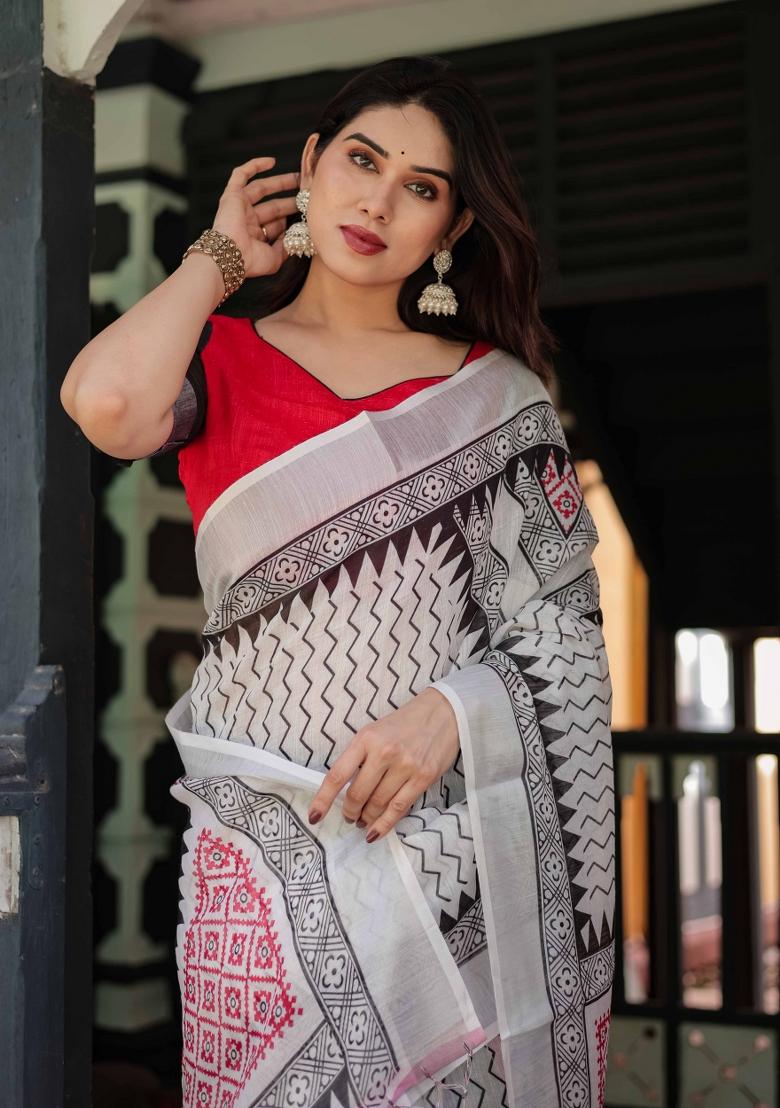 White Embroidery Linen Saree Set - Indya