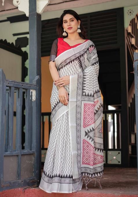 White Embroidery Linen Saree Set