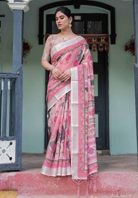 Pink Embroidery Linen Saree Set