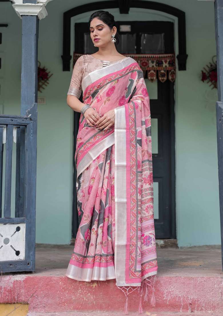 Pink Linen Saree Set with Embroidery for Diwali | Wedding & Festive Wear - Indya