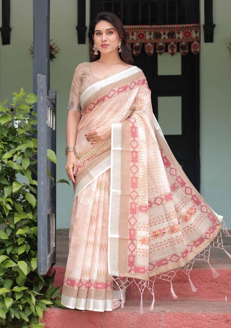 Cream Embroidery Linen Saree Set - Indya