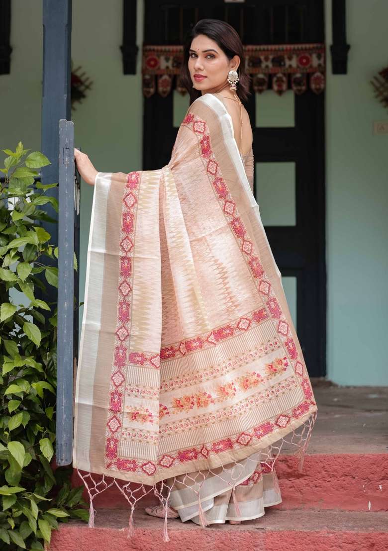 Cream Linen Saree Set with Embroidery for Diwali | Wedding & Festive Wear - Indya