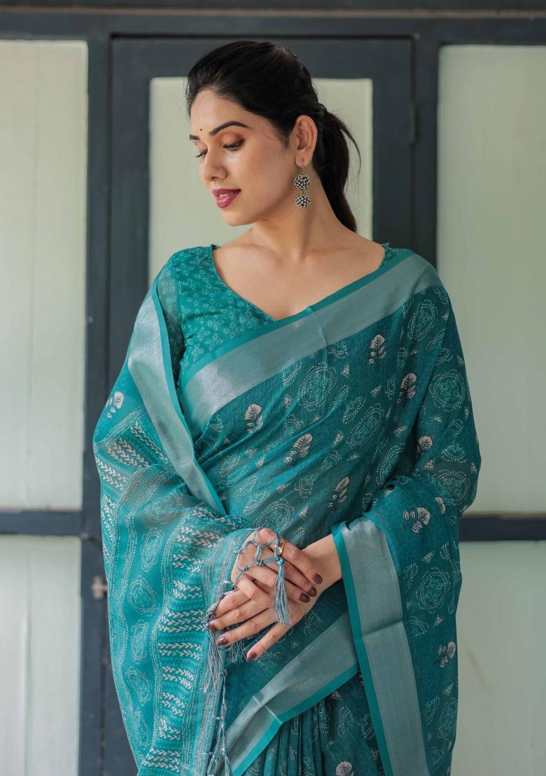 Teal Blue Embroidery Linen Saree Set - Indya