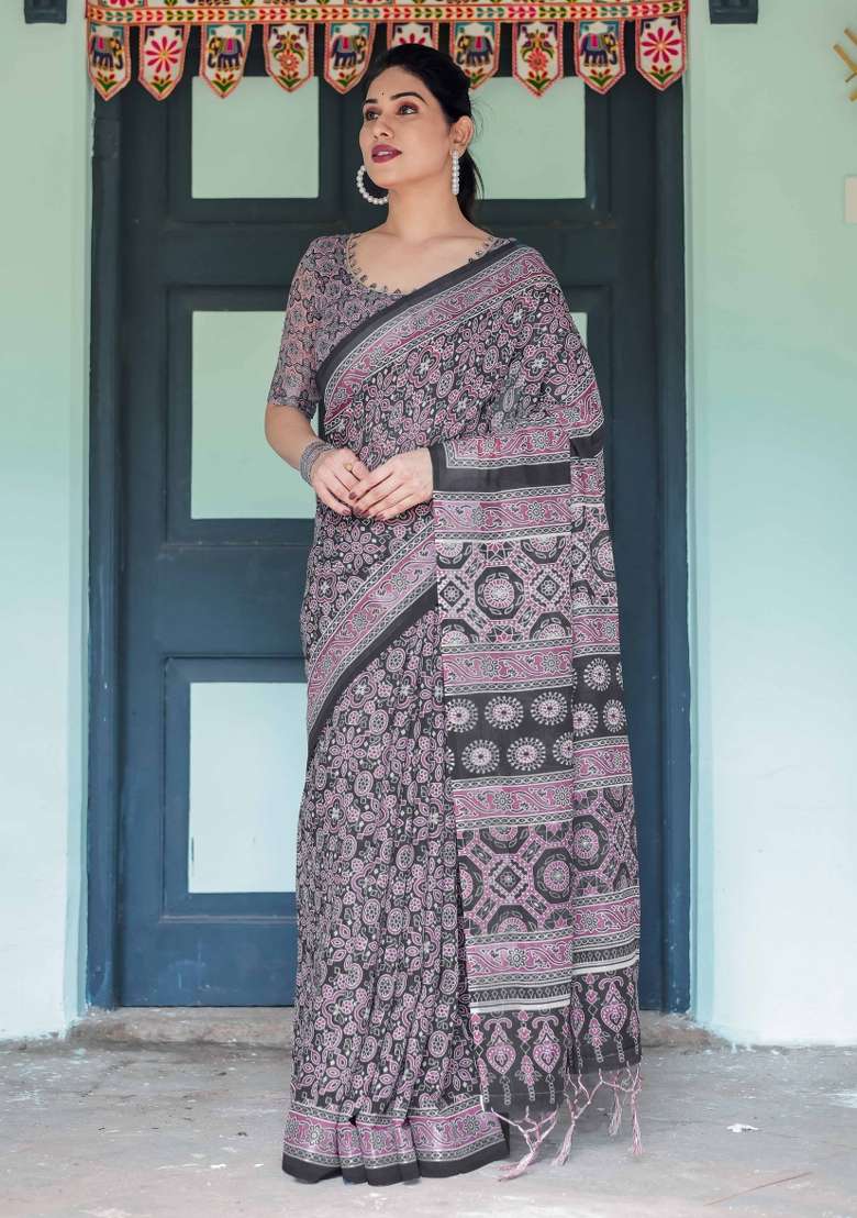 Black Embroidery Linen Saree Set for Diwali and Festive Wear - Indya