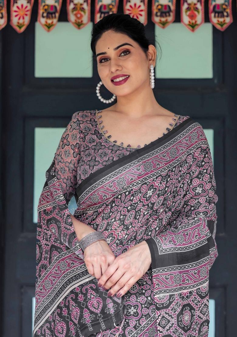 Black Embroidery Linen Saree Set - Indya