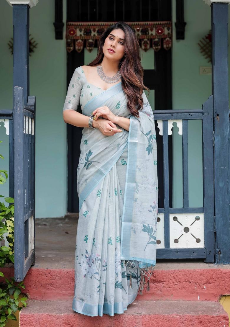 Light Blue Embroidery Linen Saree Set - Indya