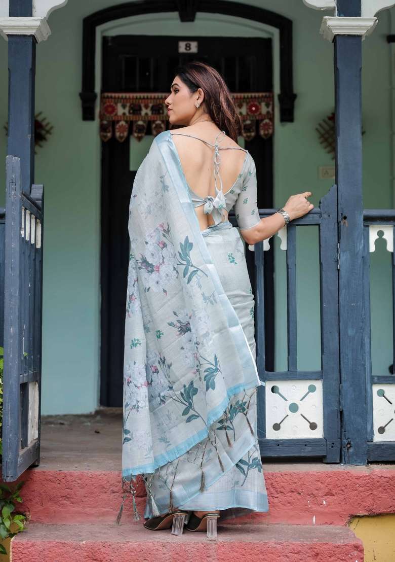 Light Blue Linen Saree Set with Embroidery for Diwali | Wedding & Festive Wear - Indya