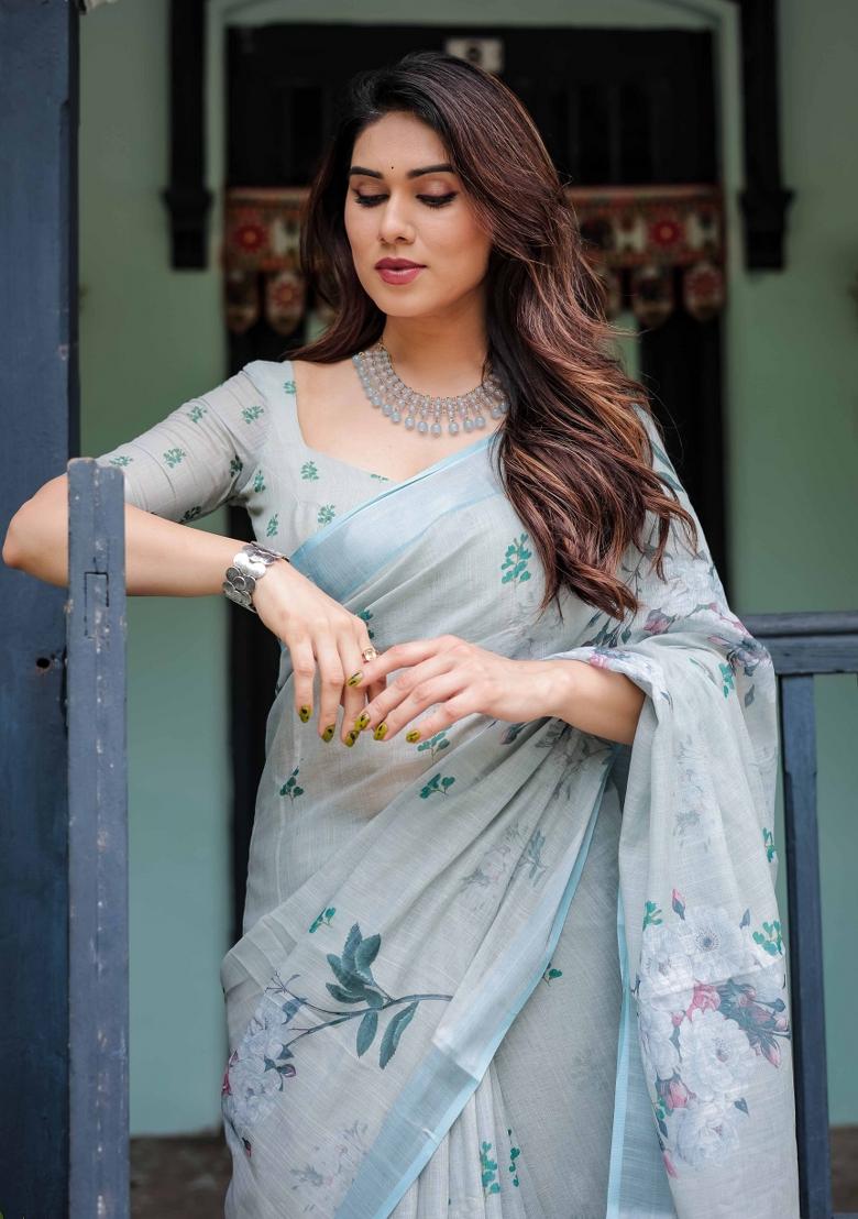 Light Blue Embroidery Linen Saree Set - Indya