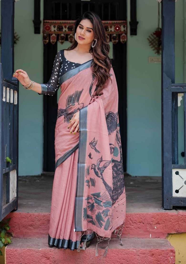 Peach Linen Saree Set with Embroidery for Diwali | Wedding & Festive Wear - Indya