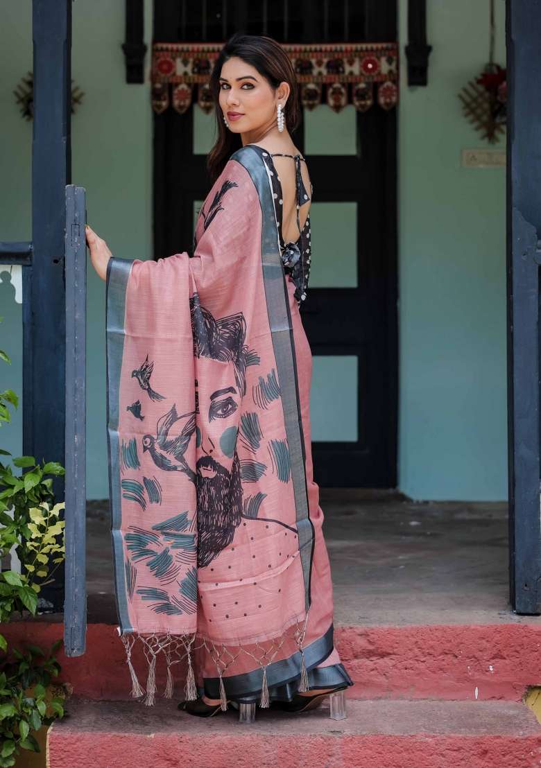 Peach Linen Saree Set with Embroidery for Diwali | Wedding & Festive Wear - Indya