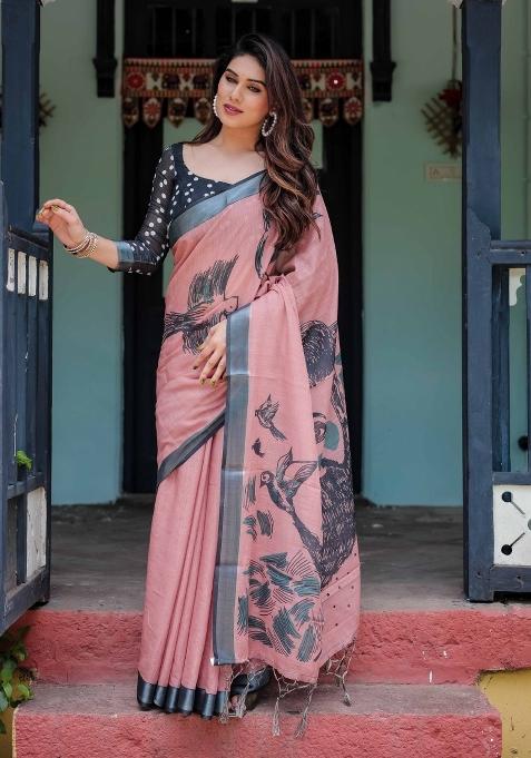 Peach Embroidery Linen Saree Set