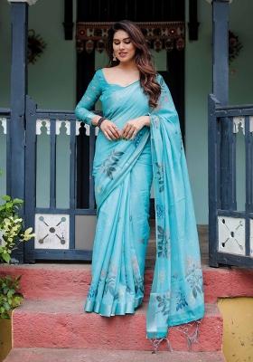 Sky Blue Embroidery Linen Saree Set