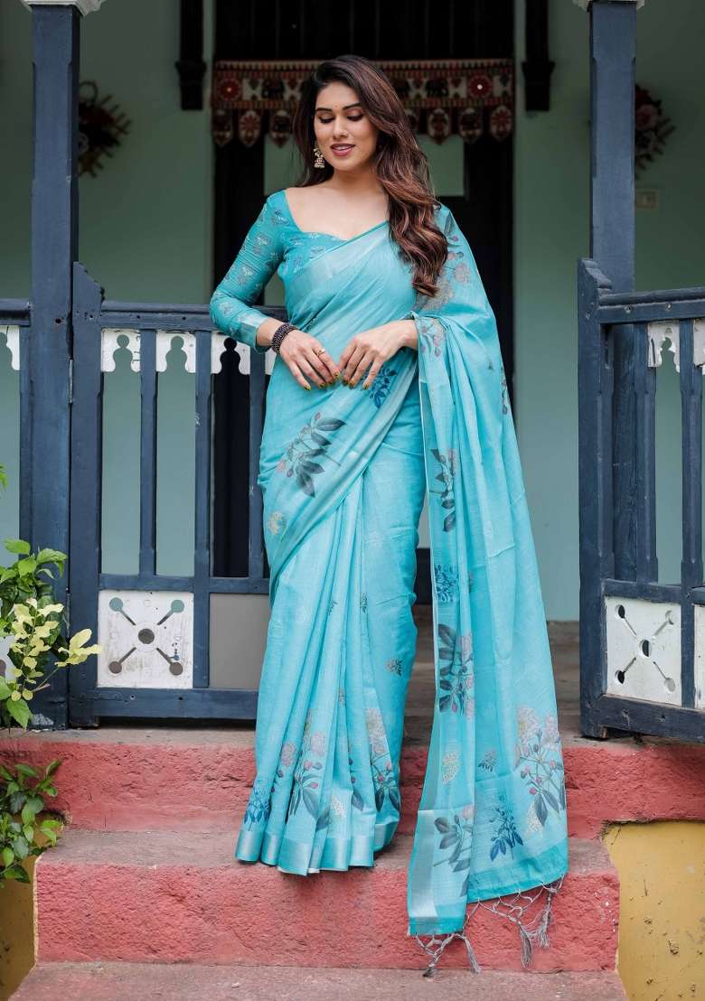 Sky Blue Linen Saree Set with Embroidery for Diwali | Wedding & Festive Wear - Indya