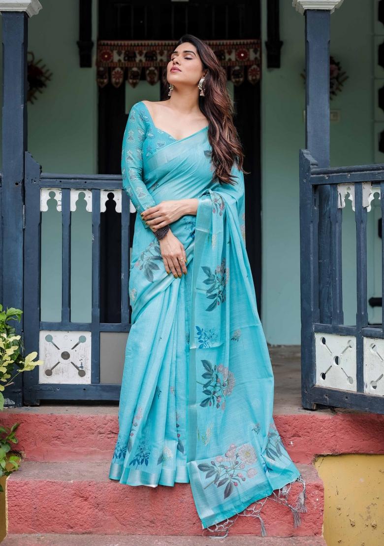 Sky Blue Embroidery Linen Saree Set - Indya