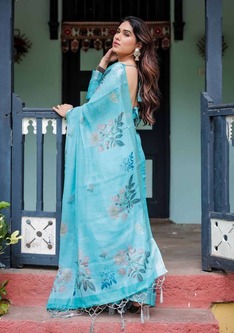 Sky Blue Linen Saree Set with Embroidery for Diwali | Wedding & Festive Wear - Indya