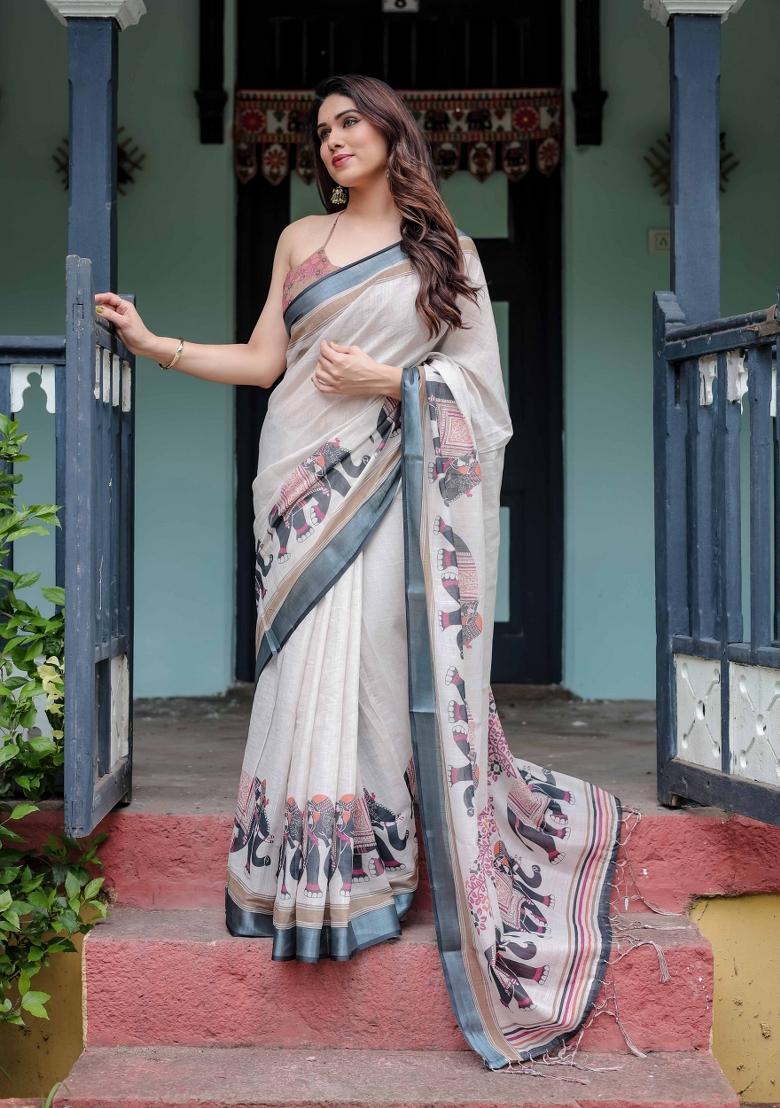 Off White Embroidery Linen Saree Set - Indya