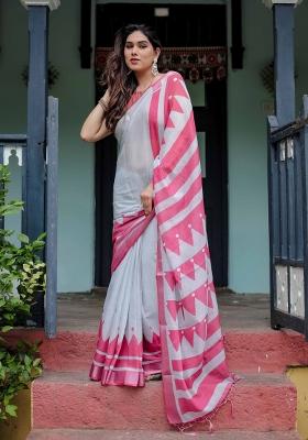White Embroidery Linen Saree Set