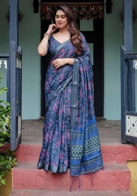 Blue Embroidery Linen Saree Set