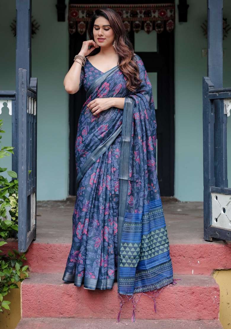 Blue Linen Saree Set with Embroidery for Diwali | Wedding & Festive Wear - Indya