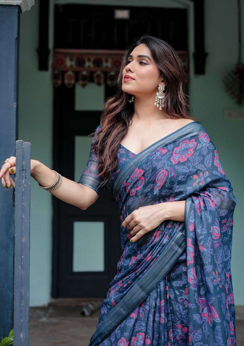 Blue Linen Saree Set with Embroidery for Diwali | Wedding & Festive Wear - Indya