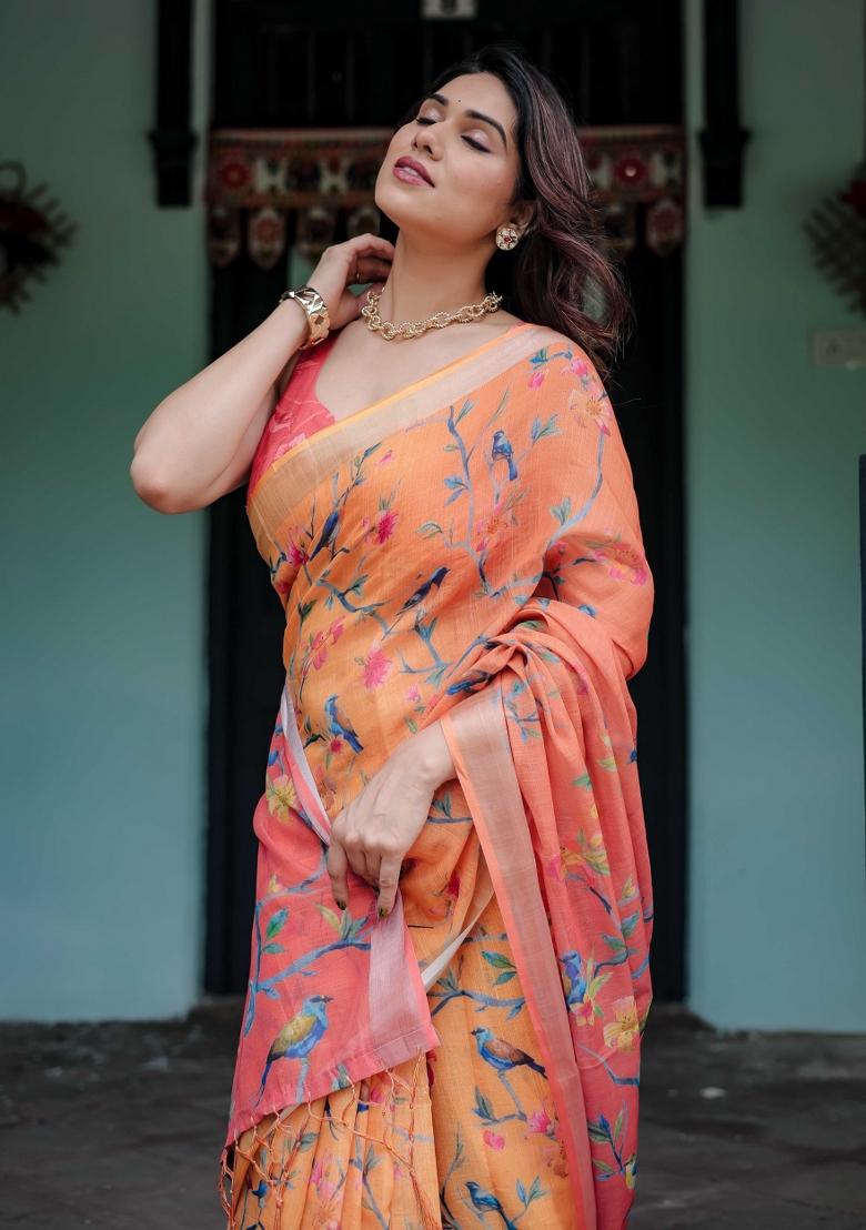 Orange Embroidery Linen Saree Set - Indya