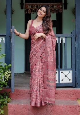 Maroon Embroidery Linen Saree Set
