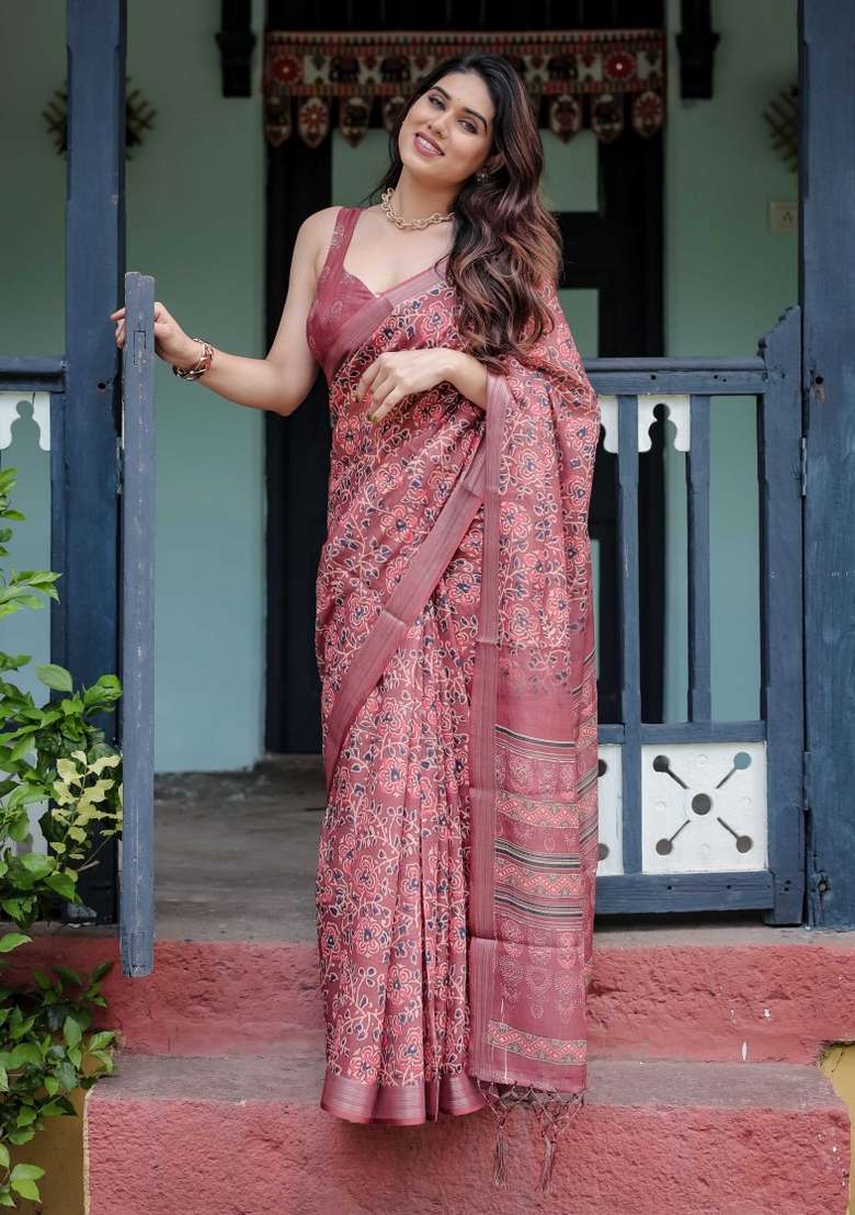 Maroon Linen Saree Set with Embroidery for Diwali | Wedding & Festive Wear - Indya