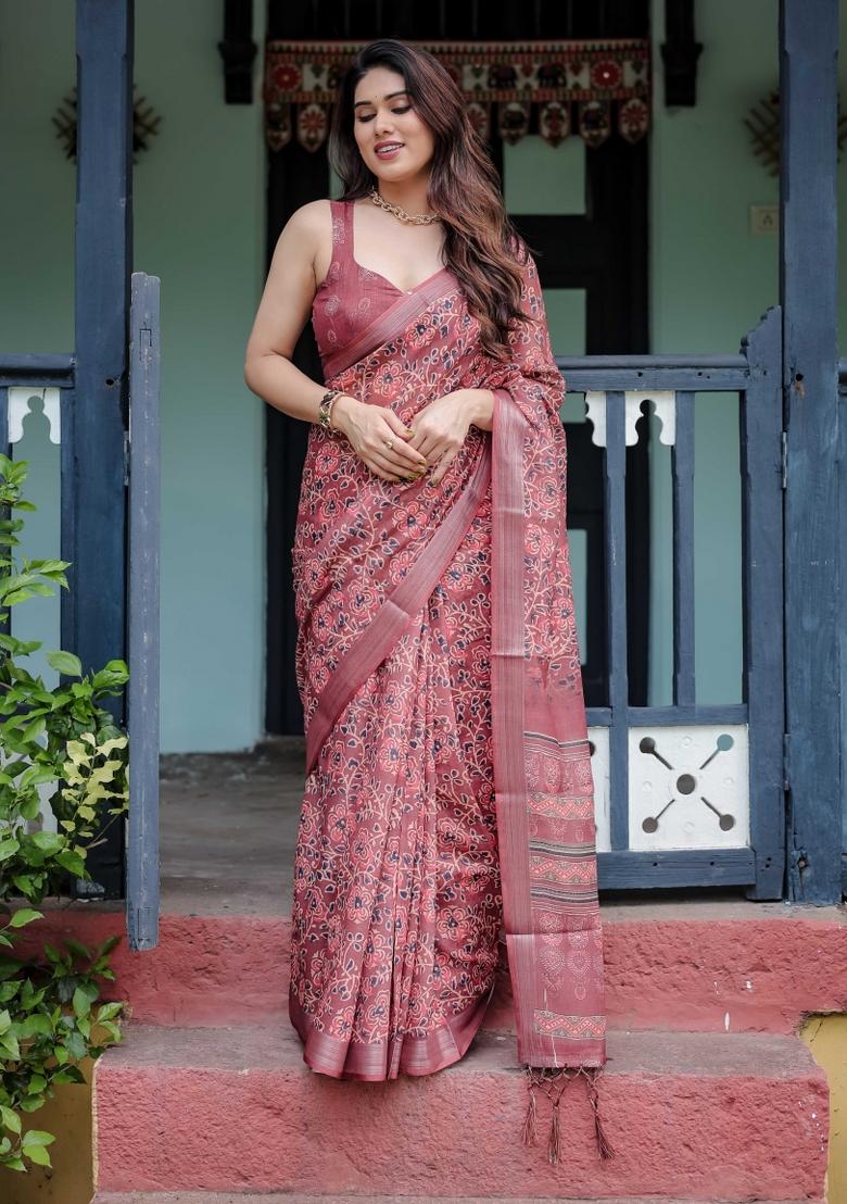 Maroon Embroidery Linen Saree Set - Indya