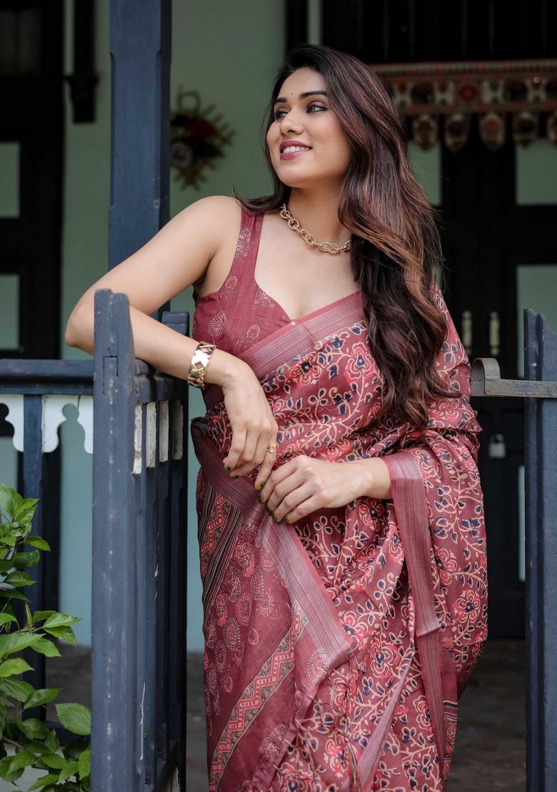 Maroon Embroidery Linen Saree Set - Indya
