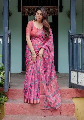 Pink Embroidery Linen Saree Set