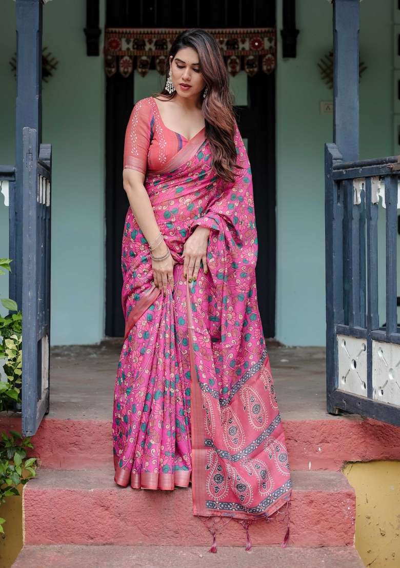 Pink Embroidery Linen Saree Set for Diwali and Festive Wear - Indya