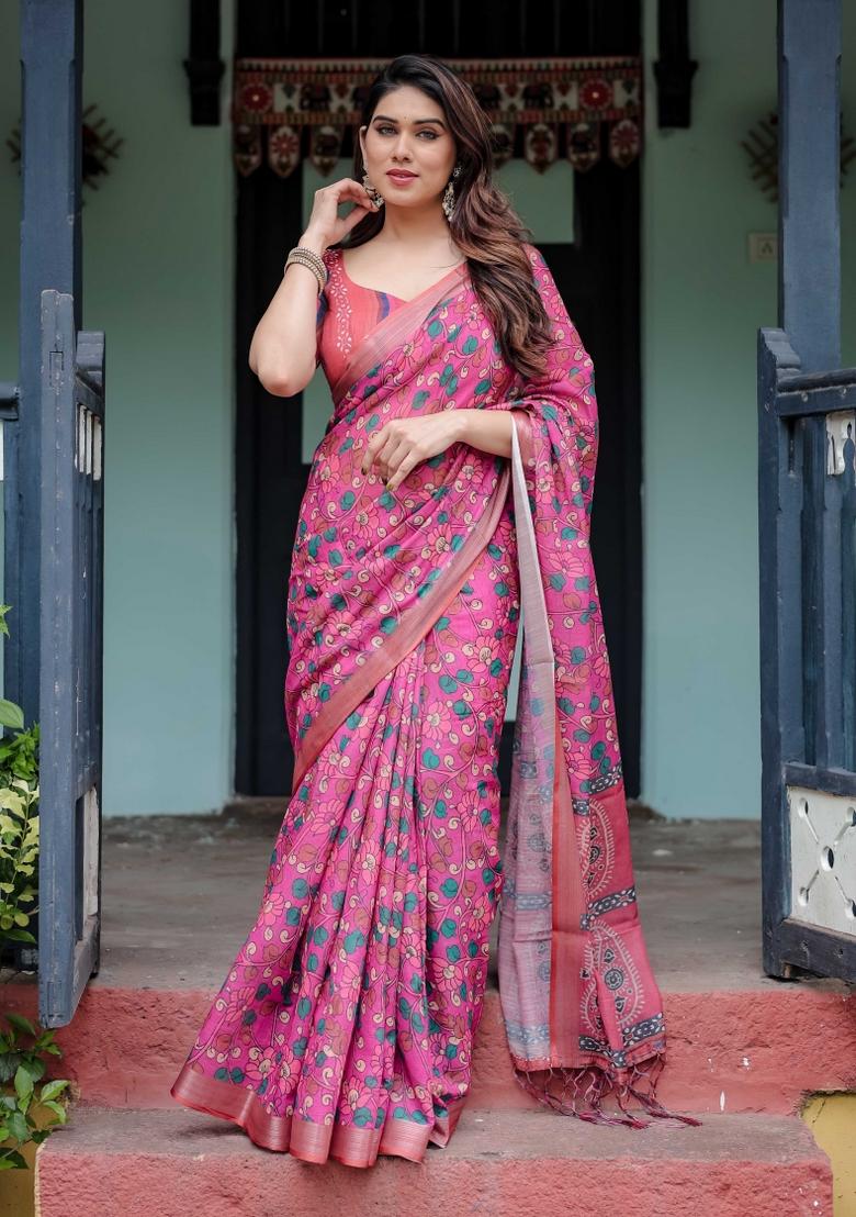 Pink Embroidery Linen Saree Set - Indya